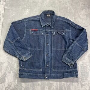 Vtg Delf Jean Innovation Trucker Jacket Mens 2XL Blue Denim Long Sleeve Collared